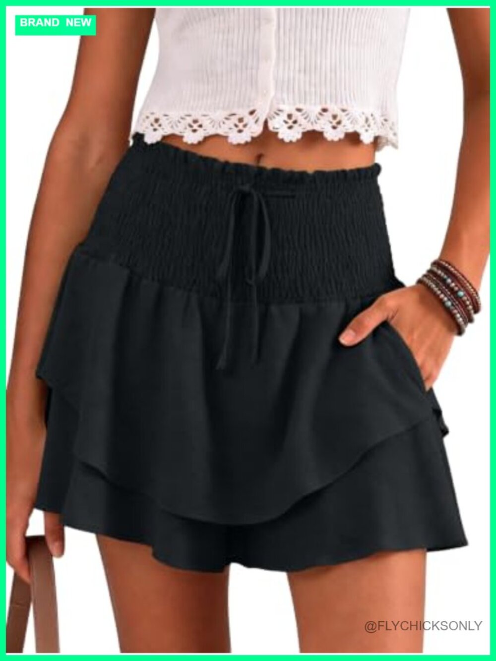Ruffle Skort Smocked Waist A Line Flowy Skirt Built-in Shorts Pockets